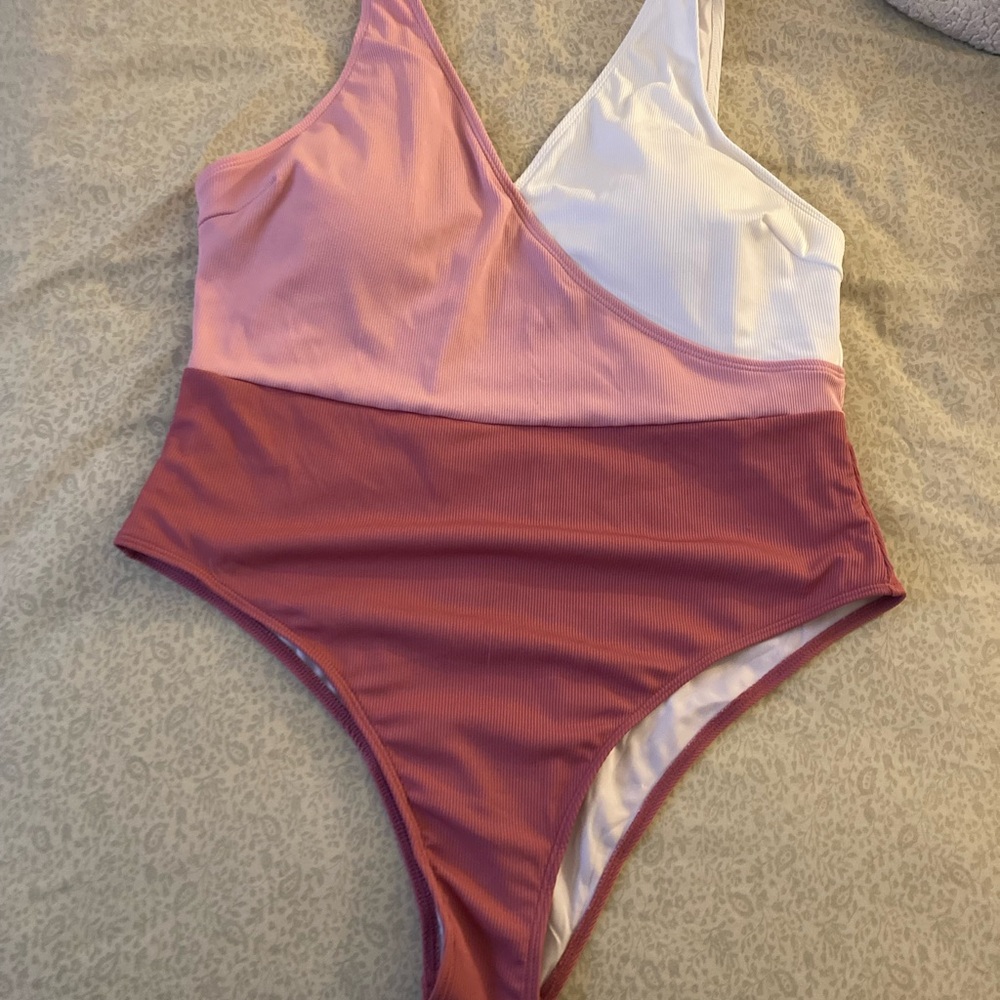 SHEIN Pink and White One Piece Swimsuit